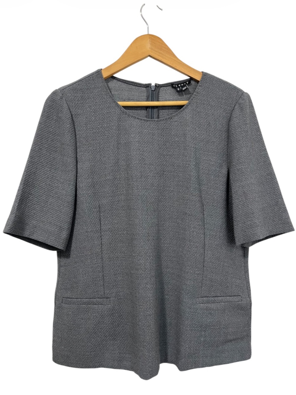 Theory Wool Blend Grey Tailored Short Sleeve Top - Career Office Professional